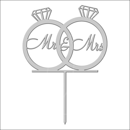 Топпер декоративный акриловый "Свадебные кольца "Mr&Mrs" на палочке" Серебро 10х8 см ТСК35